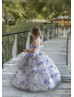 Off Shoulder Lavender Printed Organza 3D Floral Flower Girl Dress